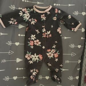 Baby Floral Footed One-Piece - Dark Gray with Pink Flowers